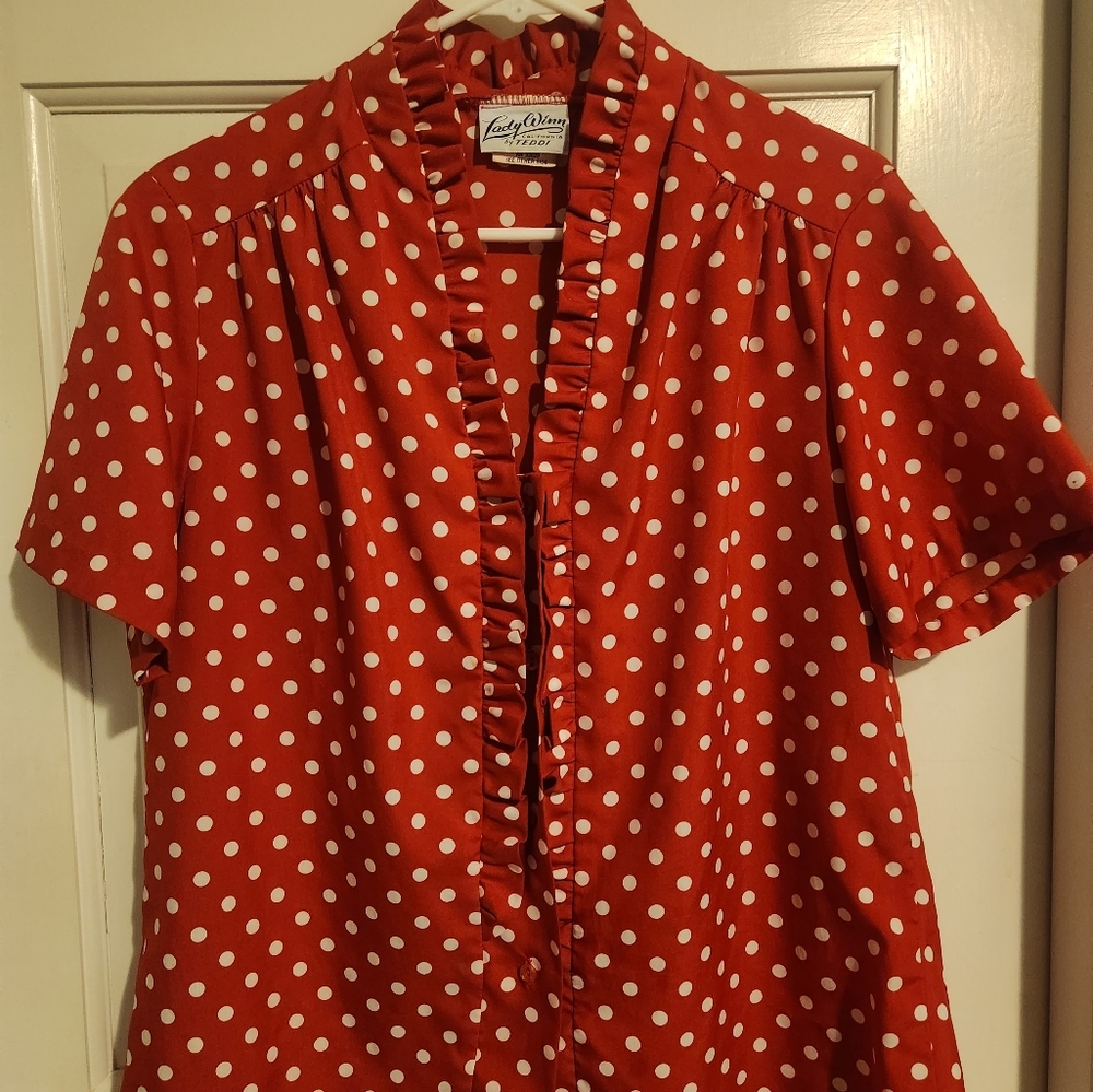 VINTAGE Lady Winn by Teddi Red Polka Dot Top , size 36